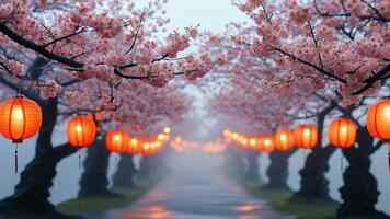 Cherry blossom pathway with lanterns photo