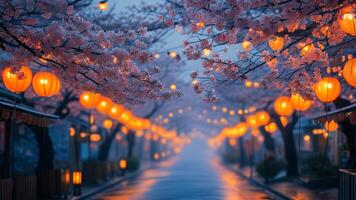 Cherry blossoms, lanterns, rain photo
