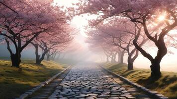 Cobblestone path through cherry blossoms photo