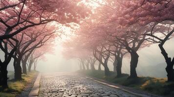 Cobblestone path under blossoming cherry trees photo