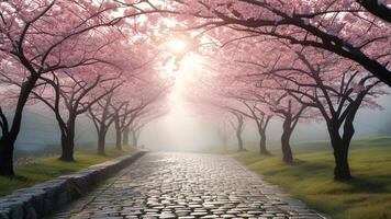 Cobblestone path under cherry blossoms photo