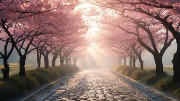 Cobblestone path under cherry blossoms photo