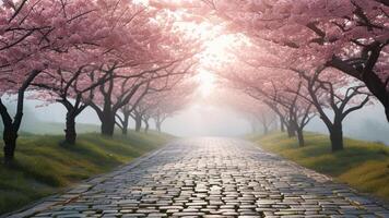 Cobblestone path under cherry blossoms photo