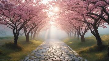 Cobblestone path under cherry blossoms photo