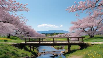 Cherry blossom trees and wooden bridge photo