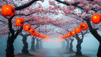 Cherry blossom trees with lanterns in fog photo