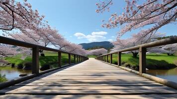 Cherry blossom trees over wooden bridge photo