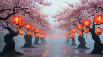 Cherry blossom trees with lanterns in the rain photo
