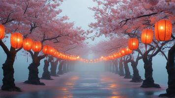 Cherry blossom trees with lanterns in fog photo