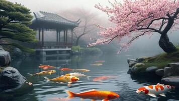 Koi fish pond in a serene Asian garden photo