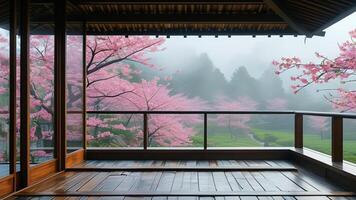 Cherry blossoms view from Japanese house photo