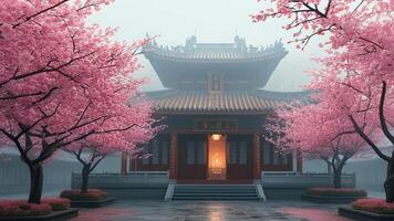 Misty Asian temple with cherry blossoms photo