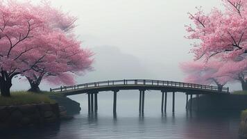 Misty cherry blossom bridge photo