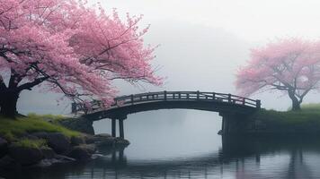 Misty cherry blossom bridge photo