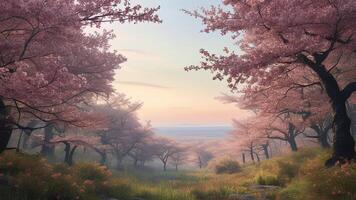 Misty cherry blossom forest at sunrise photo