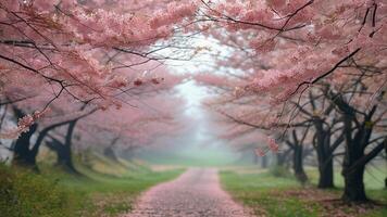 Misty path through cherry blossoms photo