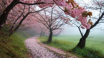 Misty path through cherry blossoms photo