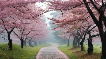 Path through cherry blossom trees photo