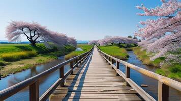 Wooden bridge leading through cherry blossoms photo