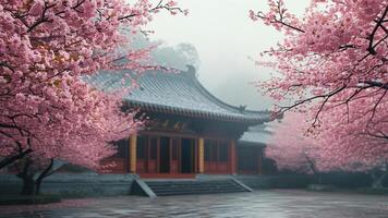 Misty cherry blossoms frame a Chinese temple. photo