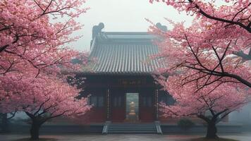 Misty cherry blossoms frame a serene temple. photo