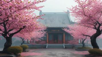 Misty cherry blossoms frame a serene temple. photo