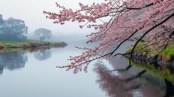 Misty cherry blossoms reflected in calm water photo