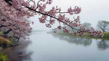 Misty cherry blossoms over river photo