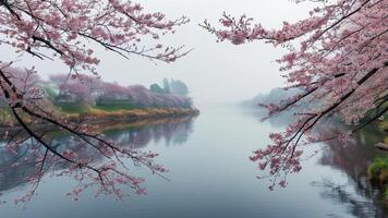 Misty cherry blossoms reflecting on calm water photo