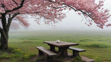 Misty morning picnic under cherry blossoms photo