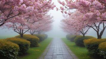 Misty path through cherry blossoms photo