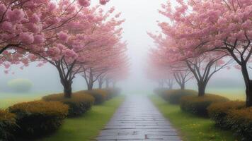 Misty path lined with cherry blossoms photo