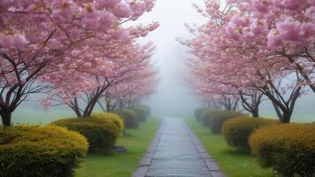Misty path lined with cherry blossoms photo