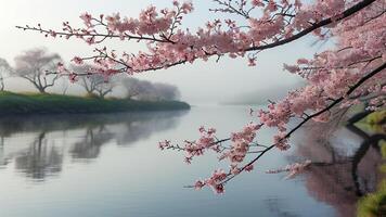Misty river with cherry blossoms photo