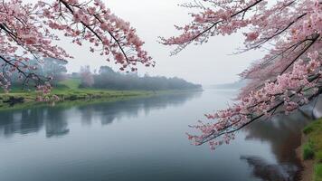 Misty river with cherry blossoms photo