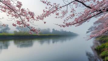 Misty river with cherry blossoms photo