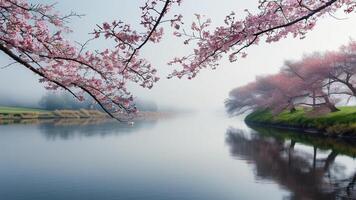 Misty river with cherry blossoms photo