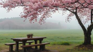 Misty spring picnic under cherry blossoms photo