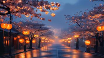 Misty street with cherry blossoms and lanterns photo
