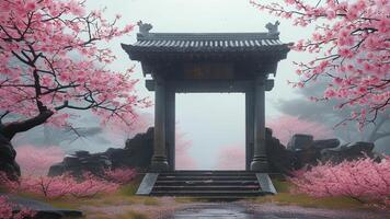 Mystical Asian gate in cherry blossom photo