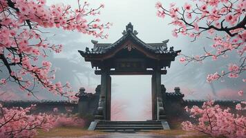 Mystical Asian gate in cherry blossom photo