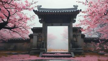 Mystical Asian gate, cherry blossoms photo