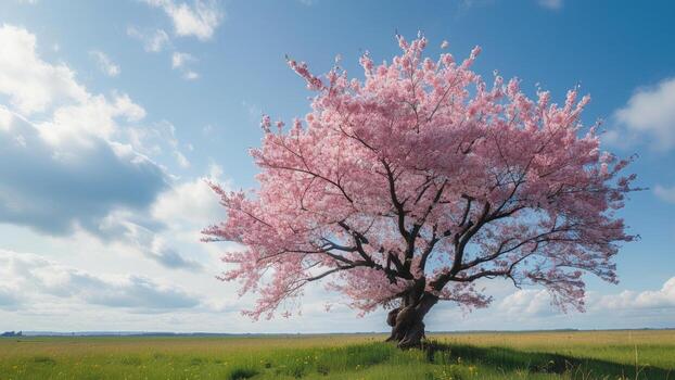 Pink cherry blossom tree in a field photo