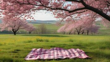 Picnic blanket under cherry blossom trees photo