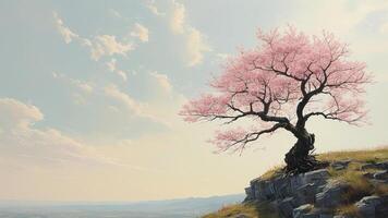 Pink cherry blossom tree on a cliff photo