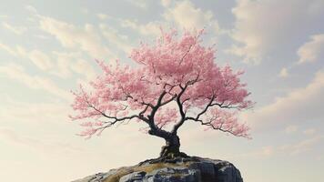 Pink cherry blossom tree on a rock photo