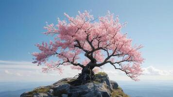 Pink cherry blossom tree on a mountaintop photo
