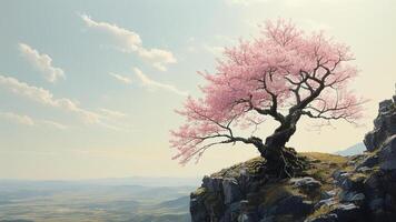 Pink cherry blossom tree on cliff photo