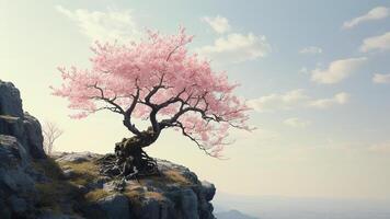Pink cherry blossom tree on cliff photo
