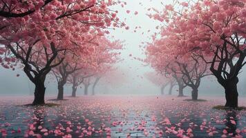 Pink cherry blossoms falling in the rain photo